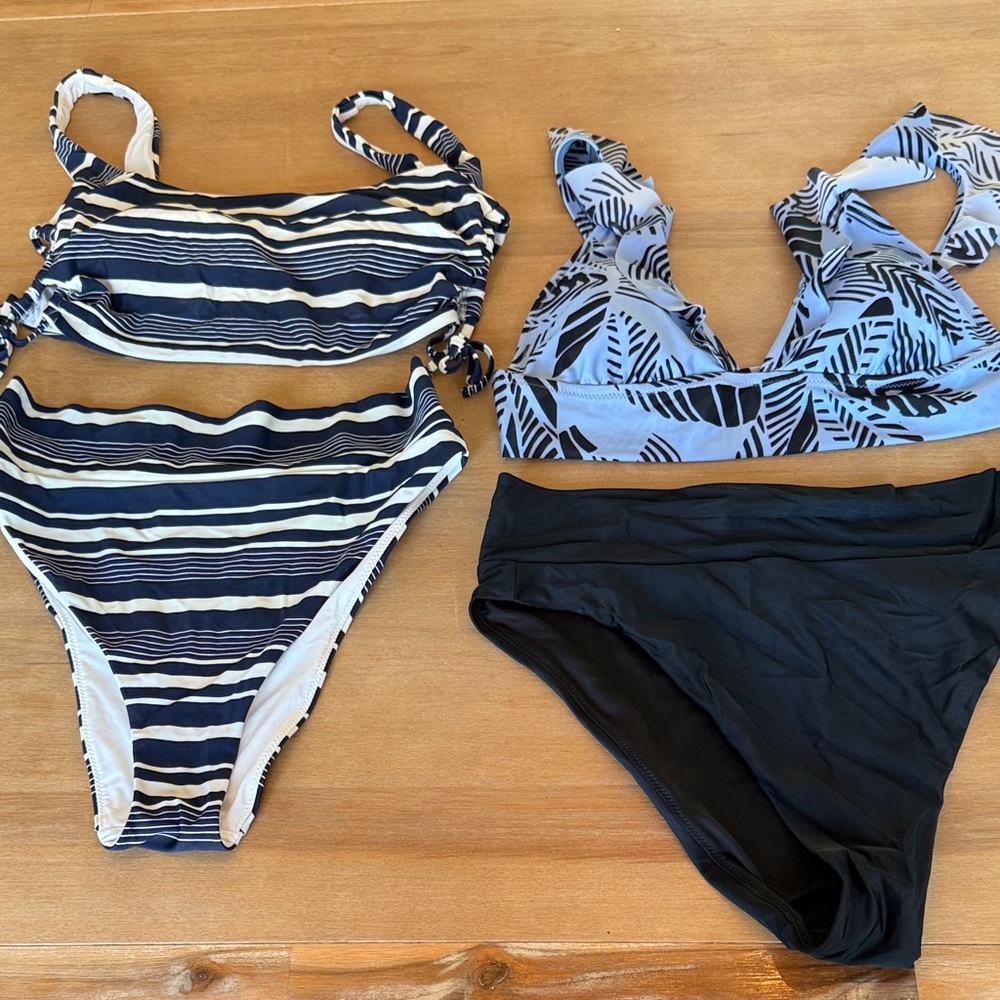 Aerie Navy Stripes and Black and Blue Bikini Sets. Large High Cut Cheeky